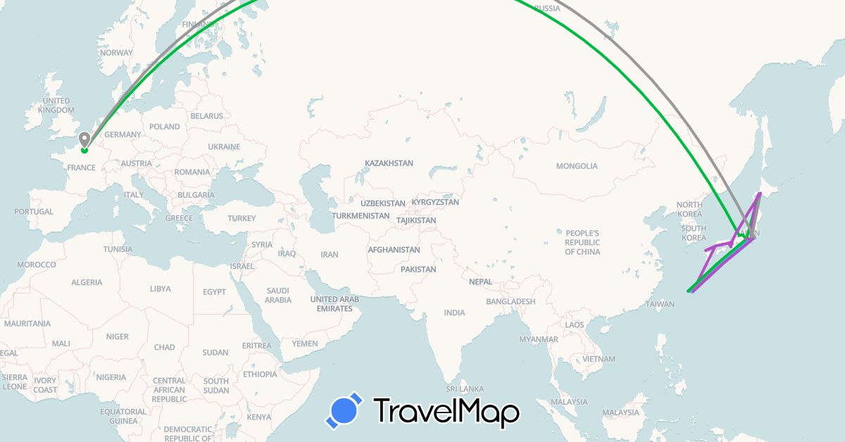 TravelMap itinerary: bus, plane, train, hiking, boat in France, Japan (Asia, Europe)