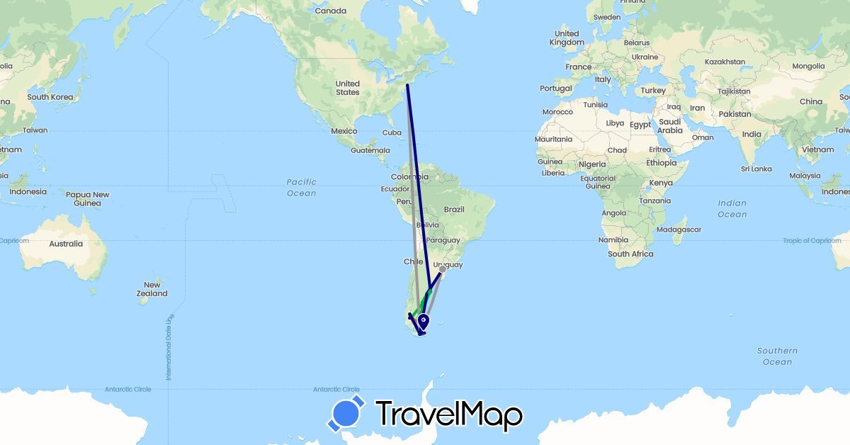 TravelMap itinerary: driving, bus, plane, hiking in Argentina, United States (North America, South America)